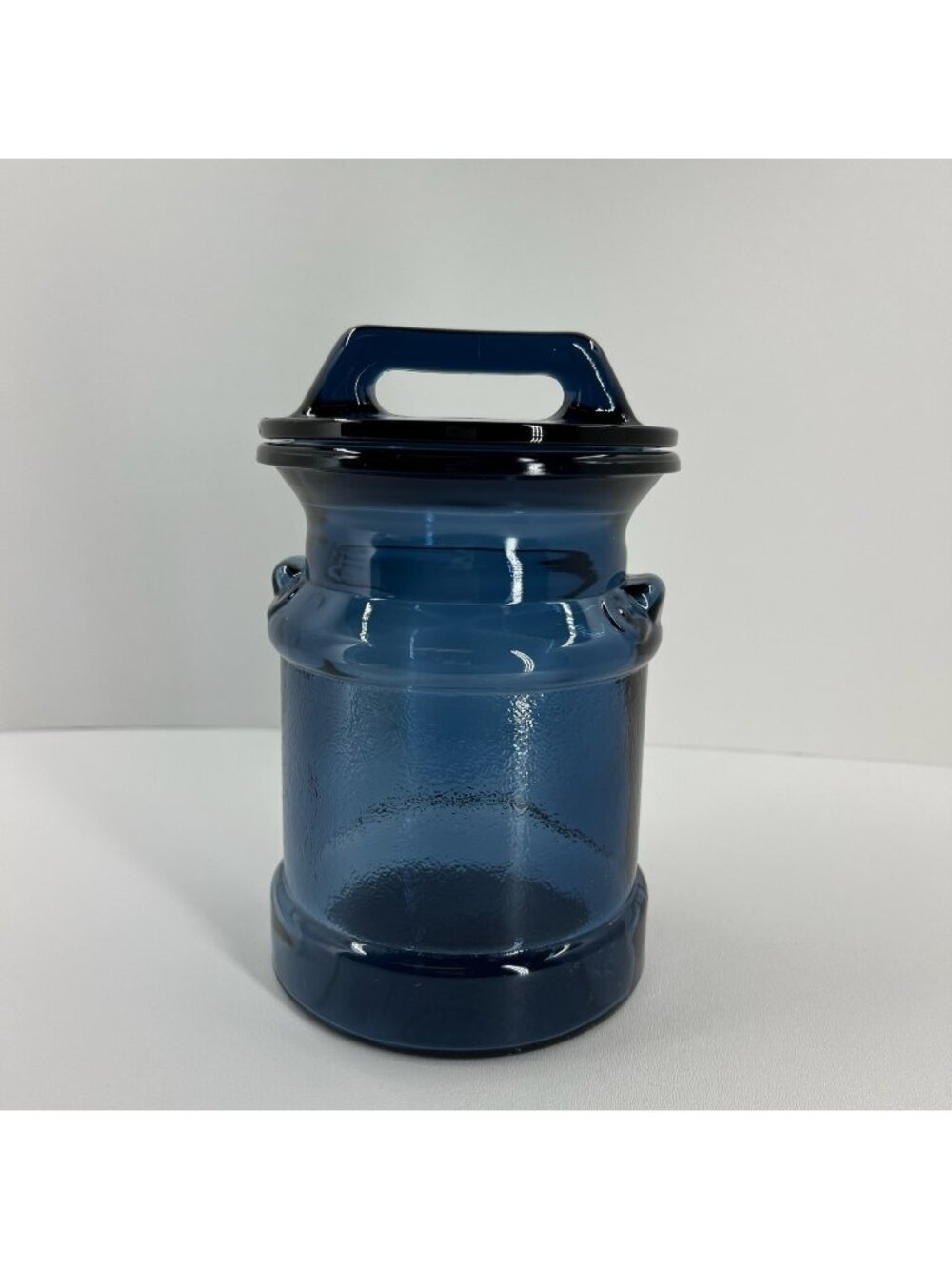 LE Smiths Cobalt Blue Glass Milk Can Canister Jar w/Lid Apothecary 9" Tall